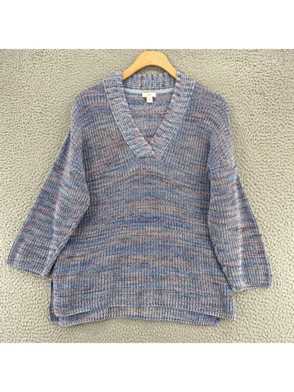 J Jill Sweater Women Extra Small Blue Pink Striped Cotton Knit V Neck 3/4 Sleeve